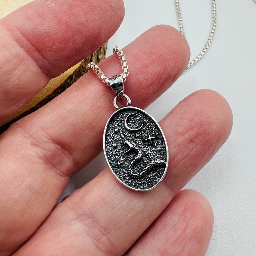 925 Sterling Silver Snake Moon Pendant Necklace-16" rounded Box Chain